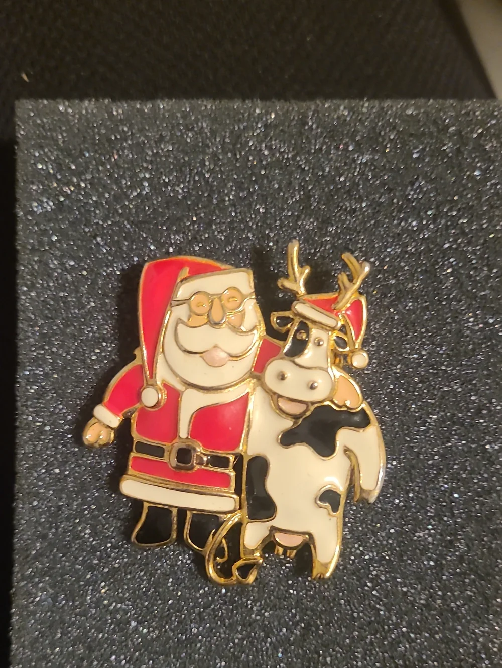 Christmas Santa and Reindeer Cow Enamel Pin Red, White, Black, Gold Edgar Berebi